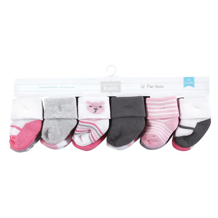 Hudson Baby Calcetines de Felpa y Algodón para Recién Nacida y Bebé Niña, Diseño Oso Niña, Paquete de 12, 6-12 Meses