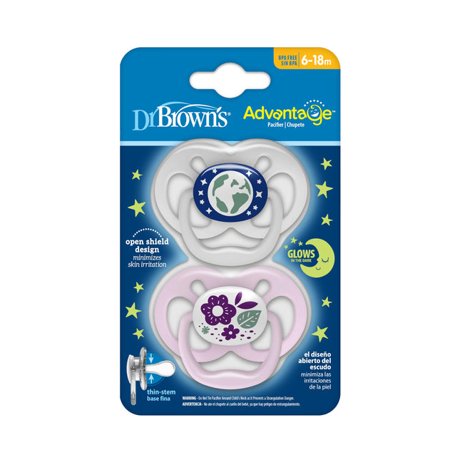 Chupete Dr. Brown's Advantage que brilla en la oscuridad para bebés, totalmente simétrico con tetina de silicona suave, Nature Morado, 6-18 meses, sin BPA, paquete de 2