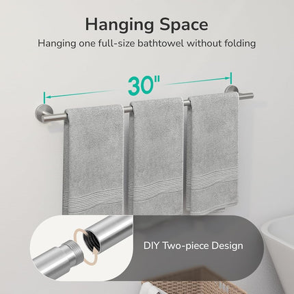 USHOWER Brushed Nickel Bath Towel Bar, 30-Inch Towel Rack for Bathroom Wall Mounted, Thicken SUS304 Stainless Steel Towel Rod (Total Length 32-Inch)