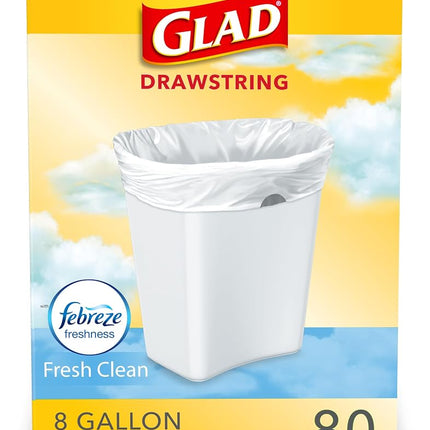 Glad Medium Kitchen Drawstring Trash Bags 8 Gallon White Trash Bag, Fresh Clean Scent, 80 Count (Package May Vary)
