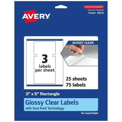 Avery® Glossy Clear Rectangle Labels, Sure Feed® Technology, 3" x 5", 75 Glossy Clear Labels, Print-to-The-Edge, Laser/Inkjet Printable