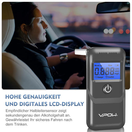 VPOW Breathalyzer, Alcohol Breathalyzer to Test Alcohol with Digital Blue LCD Display, Grade Accuracy Personal Breathalyzers Alcohol Tester for Personal Home Professional Use - Gray