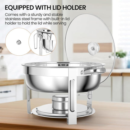 Rengue Plats à Chafing 6 pintes pour Buffet, Lot de 4 Plats à Chafing Ronds en Acier Inoxydable, Serveurs et Chauffe-plats de Buffet Chauffants et Refroidissants, Chauffe-plats pour Fêtes, Réceptions, Banquets, Mariages