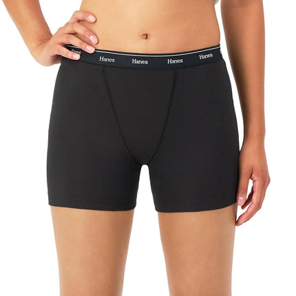 Hanes Women's Mid-Thigh Boxer Brief Pack, Stretch Cotton Underwear, 4-Pack, Basic Color Mix