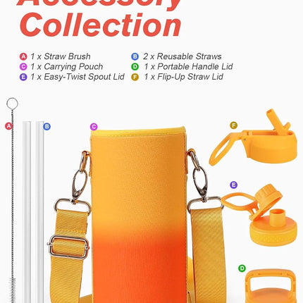 Water Bottle 32 oz Insulated with Straw, Coolflask Stainless Steel Metal 3 Lids Water Flask Wide Mouth for Sports or Office, Non-BPA Keep Cold Up to 48 Hrs or Hot Up to 24 Hrs, Ombre Yellow/Orange
