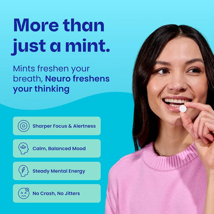 NeuroGum Mints | Nootropic Energy Caffeine 40mg + 60mg L-theanine B Vitamins for & Focus Sugar Free Vegan Keto Supplement Adults Mint Flavor (72 Mints), 7.9 ounces