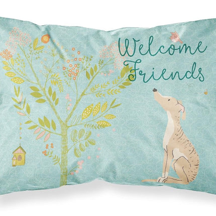 Caroline's Treasures BB7591PILLOWCASE Funda de almohada estándar de tela para perros Brindle Greyhound con mensaje "Welcome Friends", estándar, multicolor