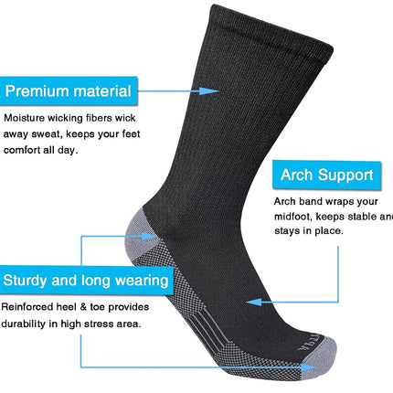 APTYID Men's Moisture Wicking Cushioned Crew Work Boot Socks (4-6 Pairs), Black (6 Pairs), 7.5-12 UK
