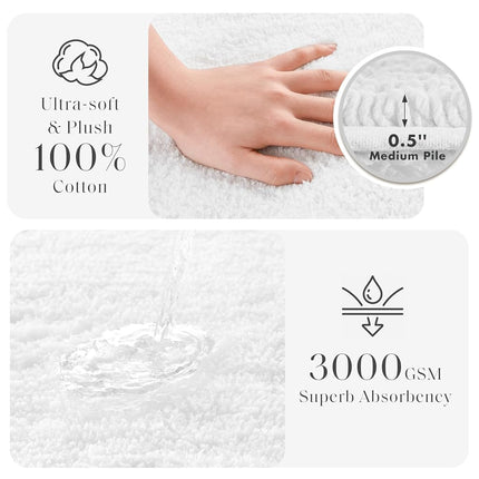 MADISON PARK SIGNATURE Splendor Reversible 100% Cotton Tufted Bathroom Rug-3000 GSM Hotel Quality Luxurious Plush High Pile Bath Mat Absorbent, Quick Dry, Shower Room Décor, 21x34, White