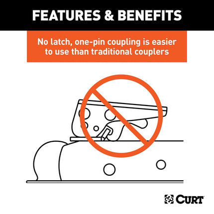CURT 25471 QuickPin No-Latch Trailer Coupler for 2-Inch Hitch Ball, 2-1/2-In Channel, 3,500 lbs