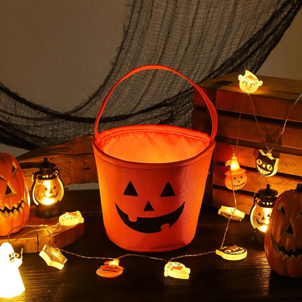Halloween Bucket Halloween Basket for Kids, Trick or Treat Bags with Embroidery Foldable Halloween Candy Bucket Pumpkin Bucket Basket with Handle for Halloween Party Decorations, (Orange)