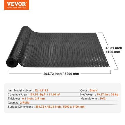VEVOR Garage Floor Mat, 204.72 x 43.31 inch PVC Garage Flooring Roll, Non-Slip Diamond Texture, 123.14 sq.ft Covering Space, Garage Mats for Under Cars, for Gyms Boats Car Trailer, Black