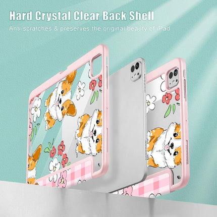 May Chen for iPad Pro 13 Inch Case M5 2025 / M4 2024, Built Pencil Holder & Clear Transparent Print Back Shell Slim Stand Shockproof Tablet Cover, Auto Wake/Sleep, Corgi Dog Stripes