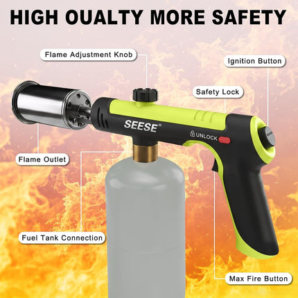 SEESE Powerful Propane Torch Gun,Kitchen Cooking Torch With One-Touch Max Fire, Charcoal Lighter with a Safety Lock, Adjustable Blow Torch for Sous Vide, BBQ, Campfire, Fireplace(Tank Not Included)