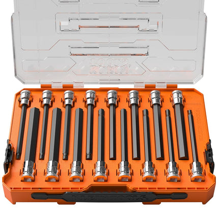 Klein Tools 652216HEXL Long Hex Bit Socket Set, 16-Piece, SAE and Metric Socket Set, Long Hex Bits, MODbox Case