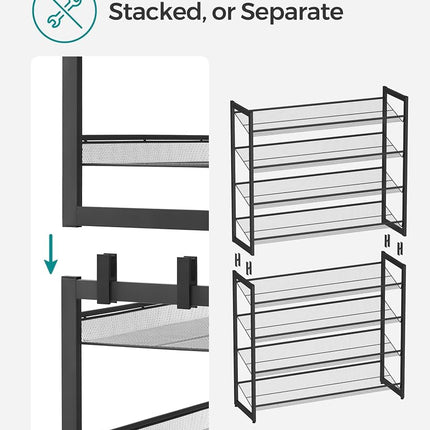SONGMICS Shoe Rack, 8-Tier Shoe Organizer, Metal Shoe Storage for Garage, Entryway, Set of 2 4-Tier Stackable Shoe Shelf, with Adjustable Flat or Angled Shelves, Holds 32-40 Pairs, Black (ULMR08B)