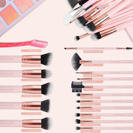 Juego de 16 brochas de maquillaje Real Perfection con 1 perfilador de cejas, sintéticas de primera calidad para base, difuminar, polvos faciales, sombra de ojos, corrector y kit de herramientas de maquillaje