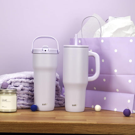 Zak Designs Sutton Vaso térmico de viaje para llevar, 887 ml, acero inoxidable con aislamiento al vacío, boquilla con pajita, asa de transporte para bebidas frías (lila ahumado)