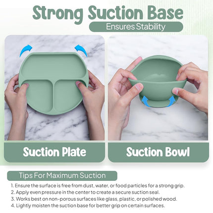 Juego de alimentación de silicona sin BPA de 17 piezas O'doe para bebé | Platos de succión gruesos y suaves, cuencos para bebé, tenedor y cuchara de madera, y más (Verde, V2: Paquete Nurture [17 piezas])