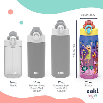 Zak Designs Disney and Pixar Inside Out 2 Sage Water Bottle For School or Travel, 25oz Durable Plastic Water Bottle With Straw, Handle, and Leak-Proof, Pop-Up Spout Cover (Emotions)