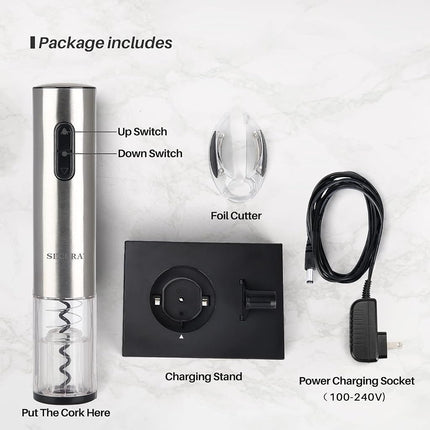Secura E728.9251 Tire-bouchon électrique en acier inoxydable avec coupe-capsule (acier inoxydable)