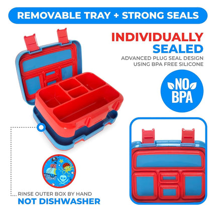 kinsho Bento Lunch Box for Kids Toddlers Boys, 5 Portion Sections Secure Lid, Microwave Safe BPA Free Removable Tray, Pre-School Kid Daycare Lunches Snack Container Ages 3 to 5, Blue Pirates