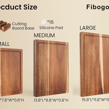 Fibogollo Set of 3 Large Acacia Wood Kitchen Cutting Boards with Holder
