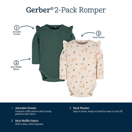 Gerber Baby Girls' 2-Pack Long Ruffle Sleeve Onesies, Mushrooms, 6-9 Months