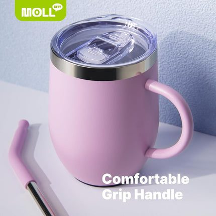 Mollcity Tumbler with Lid and Straw-12 oz Stainless Steel Double Wall Vacuum Insulated Tumbler Cup with Handle (Purple-Purple Pink)