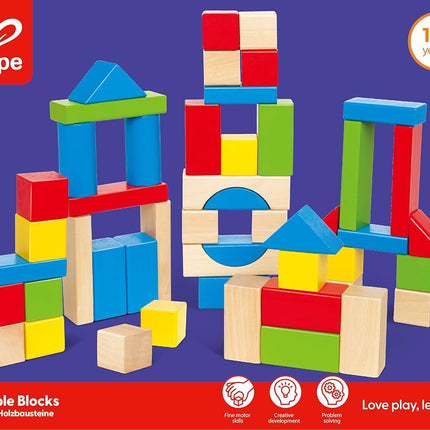 Hape Maple Blocks Kids Wooden Building Blocks Stacking Wooden Block Educational Toy Set for Toddlers, 50 Brightly Coloured Pieces in Assorted Shapes and Sizes