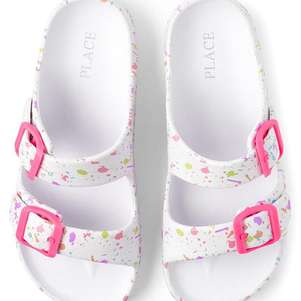 The Children's Place girl's Double Buckle Slip on Slide Sandals, White Paint Splatter, 1 Big Kid