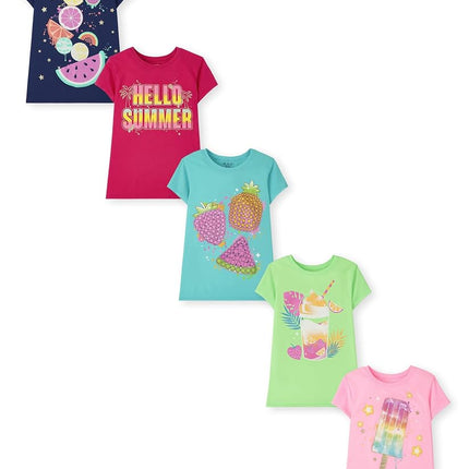 The Children's Place Paquete de 5 camisetas gráficas de manga corta para niñas, Hello Summer/Smoothie/Rainbow, Grande