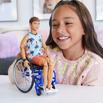 Barbie Ken Doll with Wheelchair & Ramp, Kids Toys, Barbie Fashionistas, Brunette with Beachy Tee and Orange Shorts, Clothes and Accessories