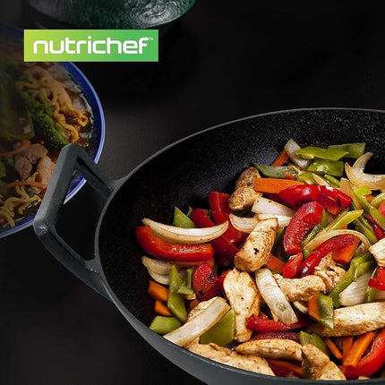 Nutrichef Pre-Seasoned Cast Iron Pan-5.5L Heavy Duty Non-Stick Chinese Wok or Stir Fry Skillet w/Wooden Lid, for Electric Stove Top, Induction, Large, Black