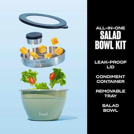 S'well Stainless Steel Salad Bowl Kit 64 Ounces Mountain Sage Comes with 2 Ounces Condiment Container and Removable Tray for Organization Leak-Proof, Easy to Clean, Dishwasher Safe