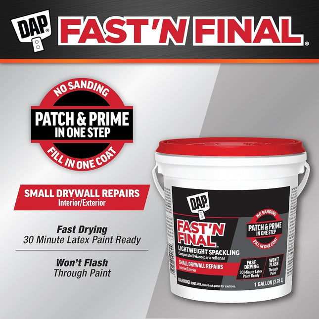 DAP Fast 'N Final Lightweight Spackling Gallon 3.78L - Quick Dry, No-Sand Formula for Interior/Exterior - Easy One-Step Patch & Prime for Drywall, Wood, Stucco & Brick