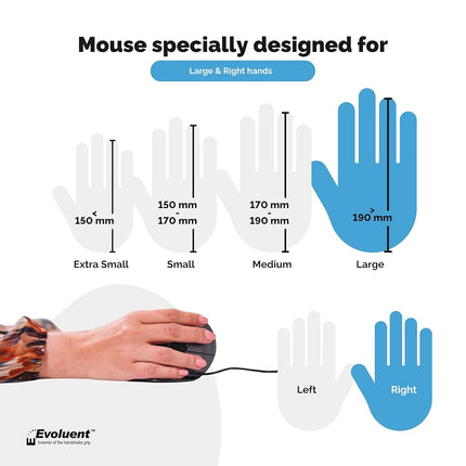 Evoluent VerticalMouse D Featuring Comfortable Handshake Position, Grooved Extended Lip Buttons, Thumb Buttons, Adjustable Pointer Speed With Indicators - Right Handed USB Wired - Large