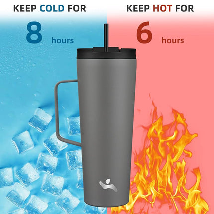 Konokyo Insulated Tumbler with Handle and Straw, 26 OZ Travel Coffee Mug Stainless Steel Cup Metal Water Bottle,Grey