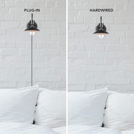 Globe Electric Wren 1-Light Plug-in or Hardwire Wall Sconce, Matte Black, 6ft Black Braided Fabric Designer Cord, in-Line On/Off Rocker Switch