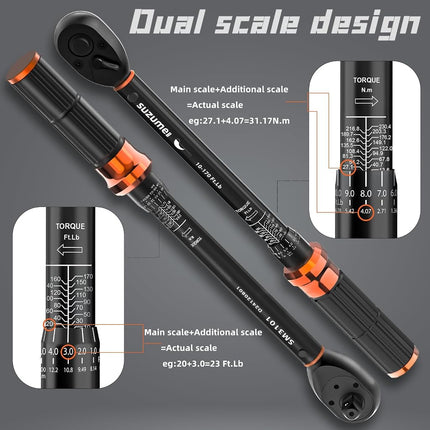SUZUME 3PCS Torque Wrench Set 72 Teeth Dual-Direction Adjustable Torque Wrench Dual-Scales 1/4 & 3/8 & 1/2-Inch ±3% Accuracy Click Torque Wrenches for Bicycle, Motorcycle, Car,Maintenance