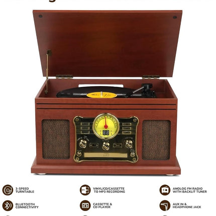 FEKTIK 10 in 1 Bluetooth Record Player, 3-Speed Turntable for Vinyl with Speakers, LP to MP3 Converter, CD, Cassette Player, FM Radio, Wireless Streaming | Mahogany