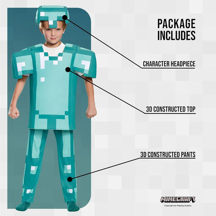 Disguise Official Deluxe Minecraft Costume Kids, Diamond Armour Minecraft Costume Fancy Dress Up Outfit, Halloween Birthday World Book Day Costumes for Boys Children Large