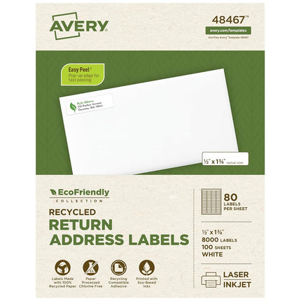 Avery White EcoFriendly Return Address Labels, 0.5 x 1.75 Inches, Box of 8000 (48467)