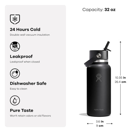 Hydro Flask Water Bottle - Insulated Stainless Steel - Wide Mouth Flex Straw Lid, Non Spill, Leakproof and Refillable in 32 Oz Glitch Black
