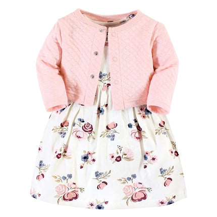 Hudson Baby Girls' One Size Quilted Cardigan and Dress, Dusty Rose Floral, 3T