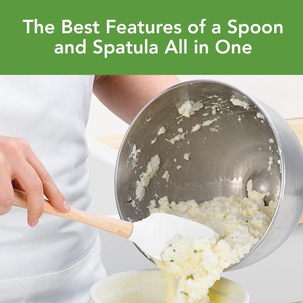 Tovolo Flex-Core White Wood-Handled Spoonula, Silicone Spoon Spatula Head with Ergonomic Grip & Wooden Handle, Silicone Spatula Spoon for Cooking & Cake Decorating BPA-Free