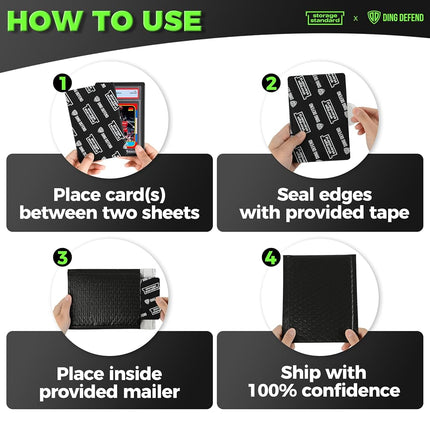 Ding Defend Trading Card Shipping Kit - Includes 110 4’’ x 6’’ Protectors, 55 Envelope Bubble Mailers, 240 Tape Seals for Slabs & Collectible Cards - Black