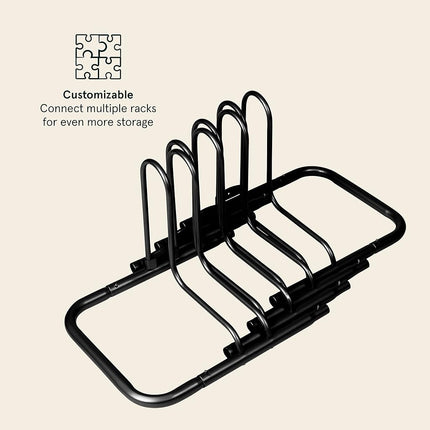 Retrospec Stash Rack Soporte de suelo para 2, 4 y 5 bicicletas, organizador de almacenamiento para bicicletas de montaña, de carretera, revestimiento de acero en polvo fino resistente a la intemperie, se adapta a ruedas de hasta 3", negro, 4 bicicletas