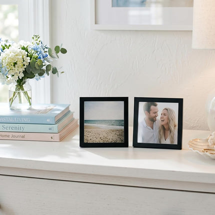 Americanflat 3x3 Picture Frame with Polished Crystal-Clear Glass - Streamline Collection - Thin Border Square Frame for Tabletop Display - Easel Stand Included - Black