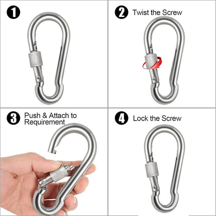 Acquwistach Locking Carabiner Clips 6 Pack 3.15" Stainless Steel Spring Snap Hook Locking Carabiner Heavy Duty - 304 Premium Stainless Steel Thumb Screw Carabiner Clip